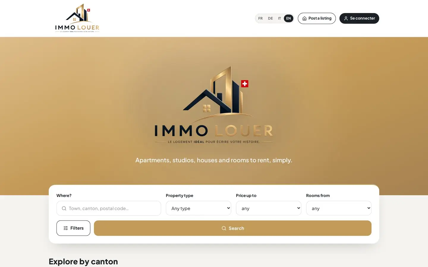 Page d'accueil du portail de location ImmoLouer.ch