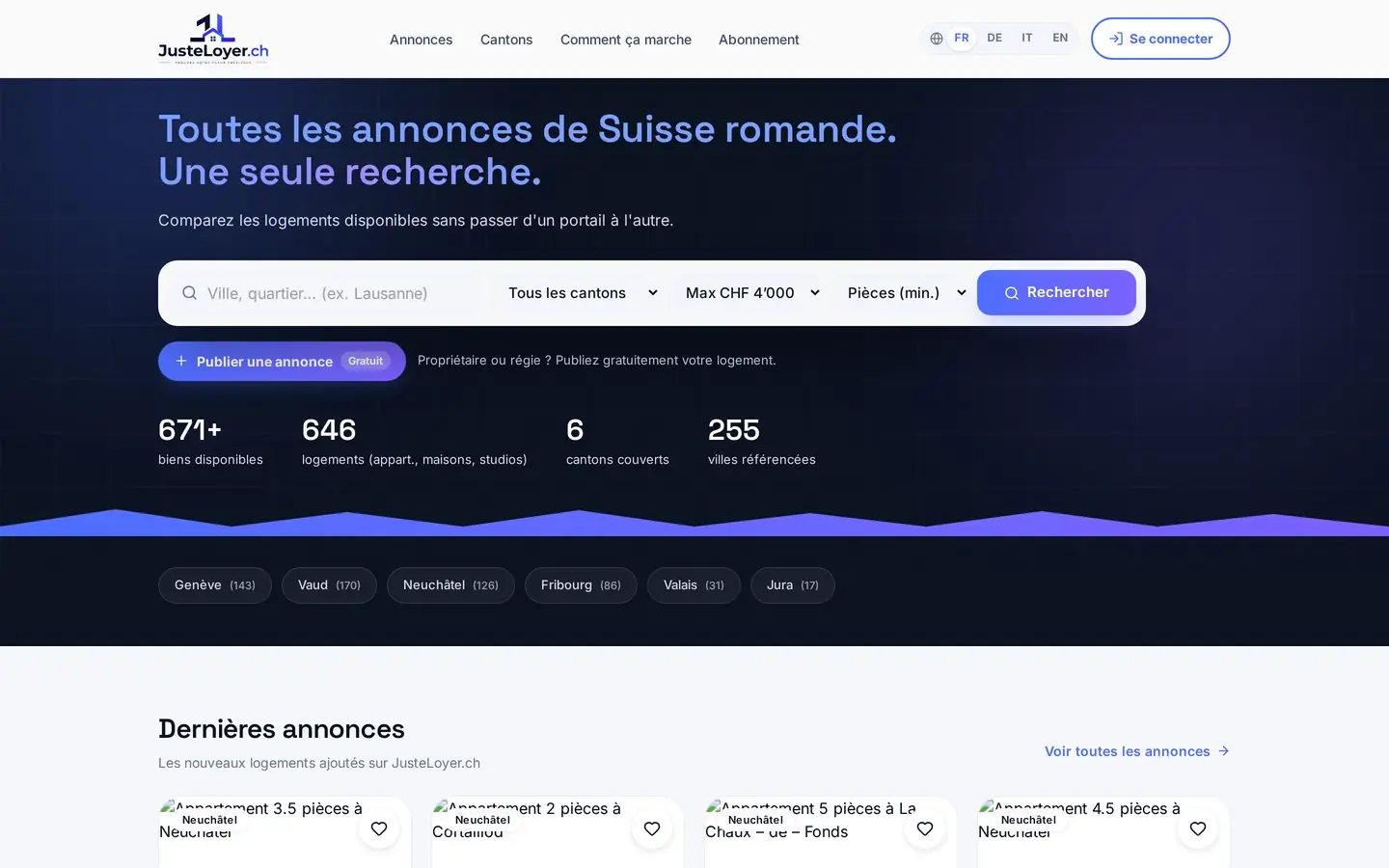 Page d'accueil de l'agrégateur d'annonces JusteLoyer.ch