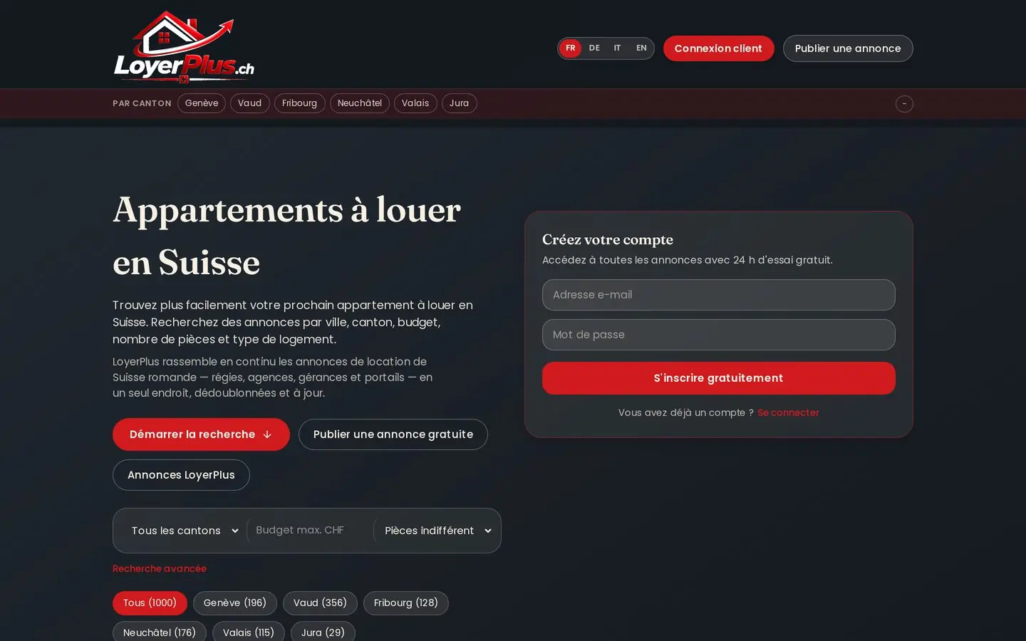 Page d'accueil de la plateforme d'annonces LoyerPlus.ch